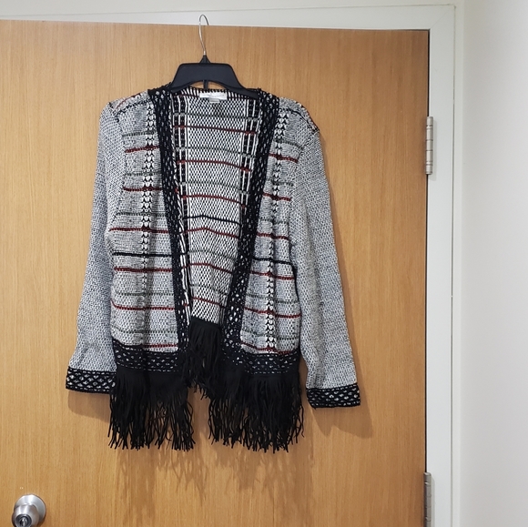 christopher & banks, open front fringe black & white cardigan sweater, XL - Picture 4 of 16